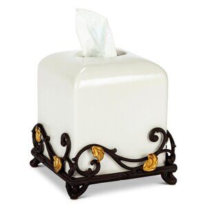 GG Collection Gold Leaf Tissue Holder with Gold Leaf Accented Metal Base NWT